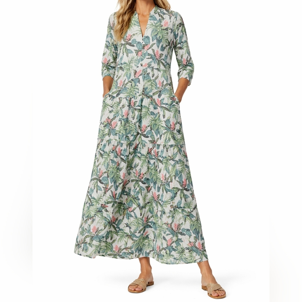 J. McLaughlin Cunningham‎ Palm Print Linen Blend Tiered Maxi Dress Size M Resort